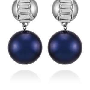 Silvertone Drop Earrings With Navy Pearl Crystal Accents