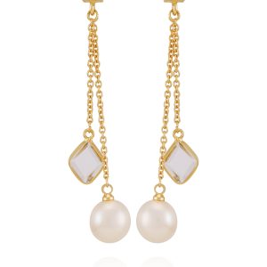 Goldtone Dangle Earrings With Pearl Crystal Drop