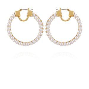 Goldtone Hoop Earrings With Pearls Baguette Crystals