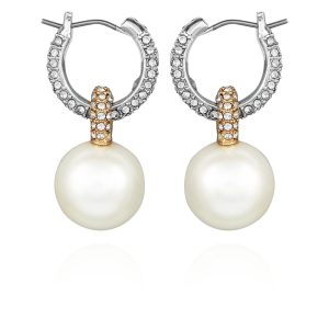 Two Tone Pearl Drop Hoop Earrings