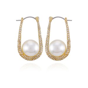 Goldtone Crystal Stone Pearl Hoop Earrings